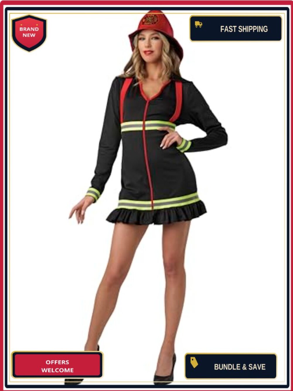 Sexy Firefighter Costume Dress & Hat Set Blacklight Responsive